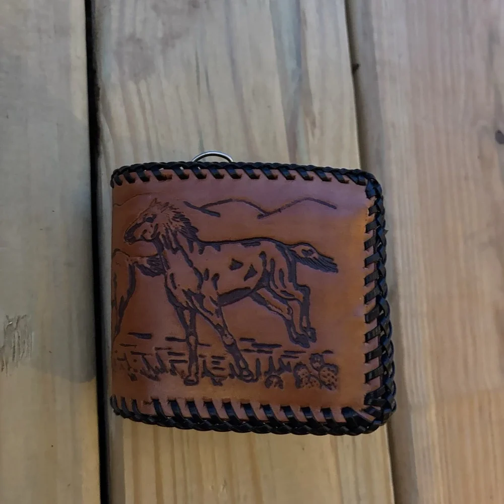Vintage Leather Wallet Hand Tooled Bi-Fold Handmade Whipstitch Horses Stampede